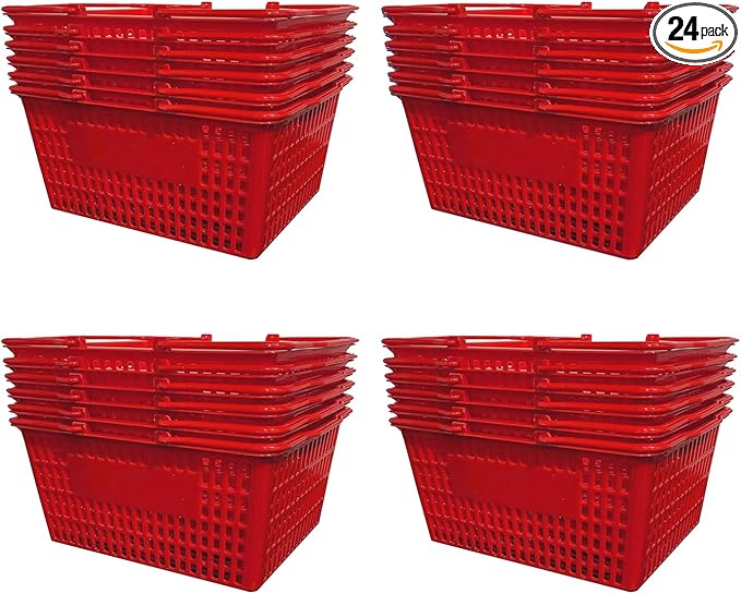 Stackable Plastic Shopping Baskets, Red and Blue, Easy-Grip Handles for Grocery, Retail, Liquor Stores, Home Use (24-Pack, Red)