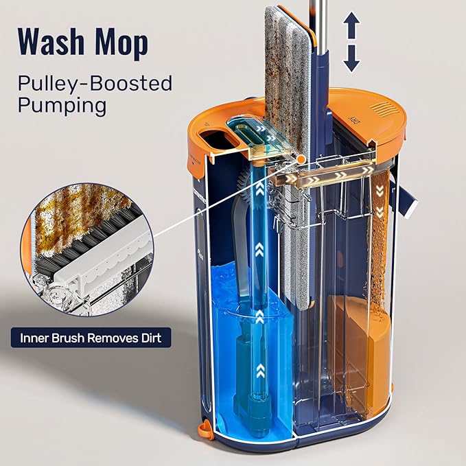 Mop and Bucket Set with Wringer, 3-Tank Flat Mop and Bucket System, Wall Mop Cleaner with Long Handle, Hands Free Mops for Floor Cleaning with 6 Microfiber Pads