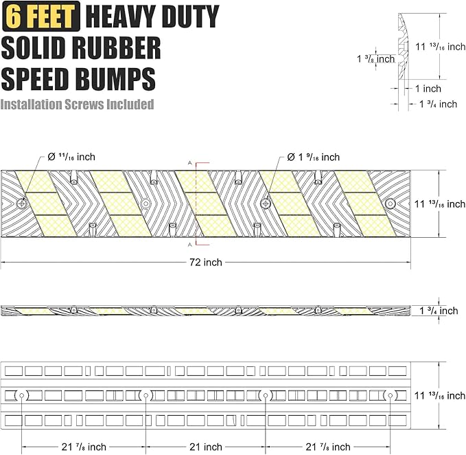 6' Ft 72" Inch Heavy Rubber Speed Bump Hump, 1-Piece Integrated Cable Cover Ramp, Installation Parts Included, Road Safety Bumps for Garage Parking Lot, Speed Control (72" Speed Bump x 2Pcs)