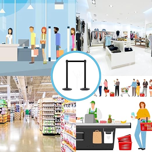 Montour Line MI650 Set of 2 Retractable Belt Barrier Stanchion, Cast Iron Base, Yellow Post (16 ft Black and Yellow Diagonal Belt)