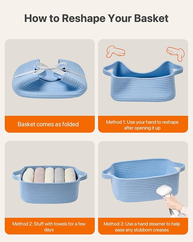 KALLAX Small Woven Basket, 14 x 10 x 5.6 Inches, Small Storage Baskets for Organizing, Gift Baskets Empty, Cute Rope Shelf Closet Storage Bins for Shelves, Dog Toy Basket, Light Blue