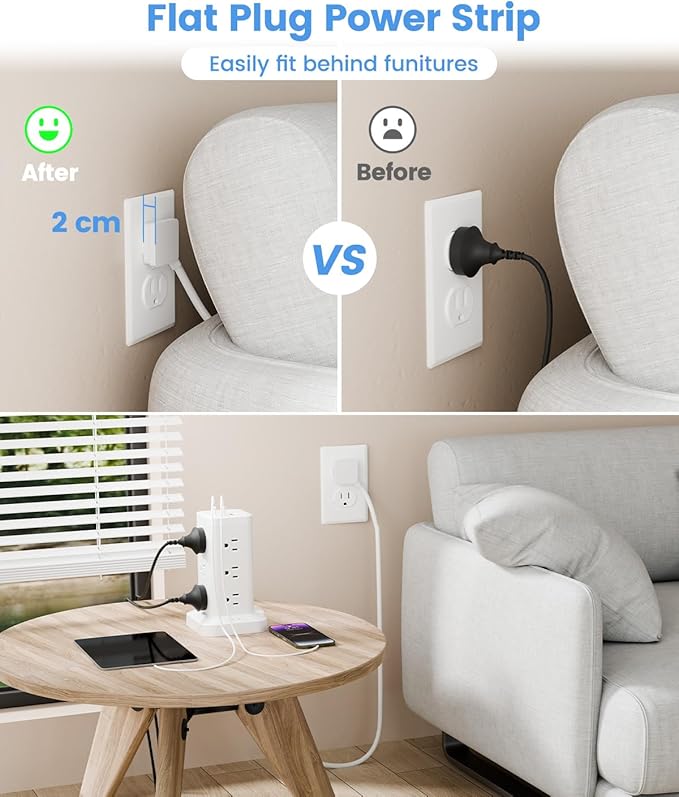 Power Strip Tower with Surge Protector 1800J, Fast Charging Tower PD20W USB-C Ports with 12 AC Outlets, 10ft Extension Cord for Home Office Dorm Room, White
