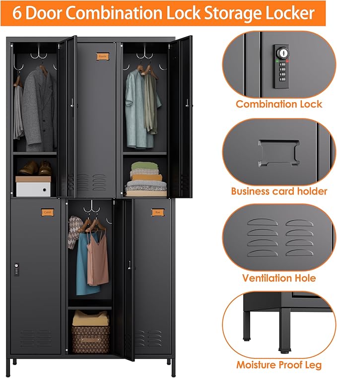 Aobabo Combination Lock Metal Storage Locker for Employees, 6 Doors Lockable Storage Locker with 18 Hooks for Office Gym School, Black, Assembly Required