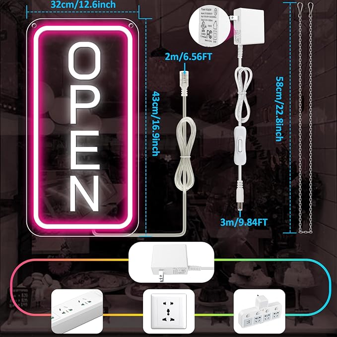 inShareplus 22.8"x 11.8" Open Signs for Business, Super Bright Sign Open, Neon Open Sign with ON/OFF Switch adapter, Electric Light up Sign for Stores, Restaurants Window (Pink&White Vertical)
