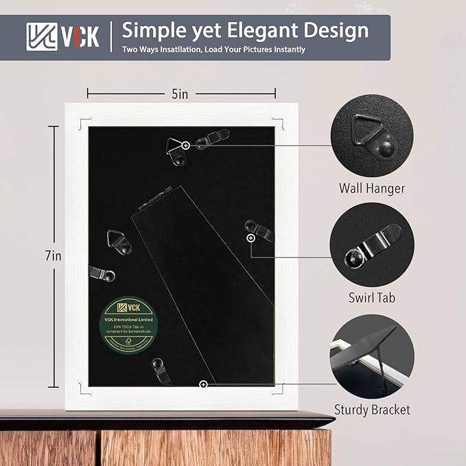 VCK 5x7 Picture Frame, White Wood Frame Set of 5 with Tempered Glass, Display 4x6 Photos with Mat or 5x7 without Mat, Tabletop and Wall Mounting