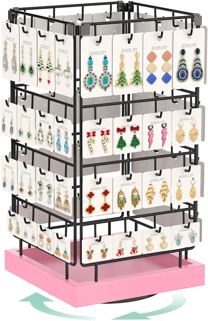 EsLuker.ly Rotating Earring Display Holder Stand for Vendors Events Selling, Large Capacity 64 Hooks Jewelry Rack with Wooden Base for Earring Card Sales, Enhances Retail Display Visibility(Pink)