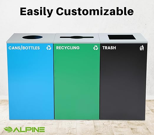 Alpine Industries 29 Gallon Commercial Indoor Recycle Bin with Lid, Blue Metal Container with Optional Lids