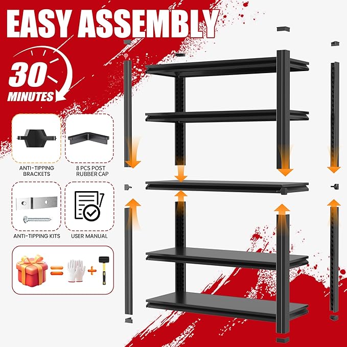 72" H Garage Shelving, Metal Storage Shelves, Adjustable 5 Tier Storage Rack, Heavy Duty Shelving, Industrial Utility Shelf for Garage, Warehouse, Bedroom, Kitchen,16" D×36" W×72" H, Black
