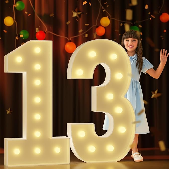 Marquee Numbers 4 Feet Tall Large Light Up Numbers 13th 13 Year Old Thirteen Birthday Decorations Big Yellow Light Outdoor Anniversary Decorations Balloon Arch Kit Party Backdrop 13