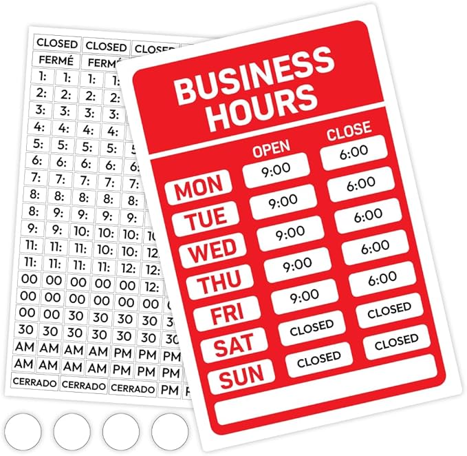Business Hours Sign – 12×8" PVC Plastic Door/Window Sign | Waterproof, UV-Printed, Easy to Read | Store/Shop Hours Open & Close Time for Retail, Restaurant, Office