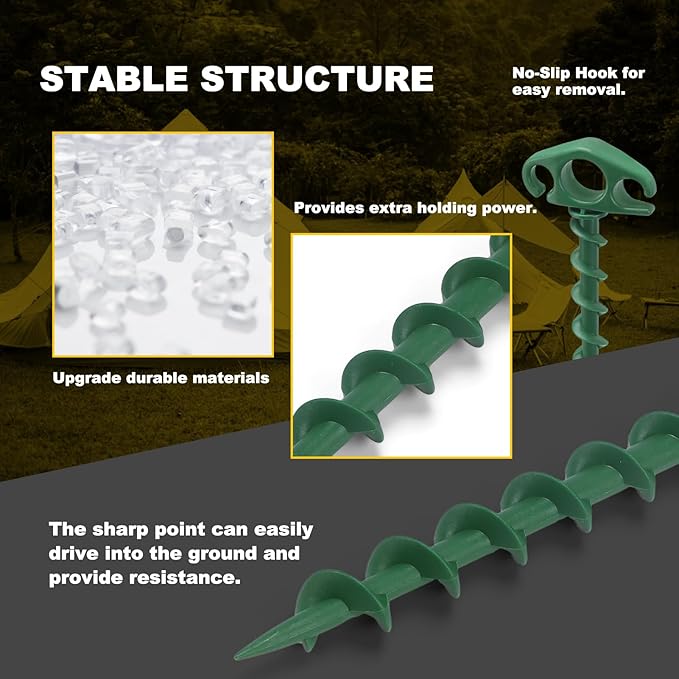 Tent Stakes Ground Anchors Screw in, 6 Pack Sand Stakes for Beach 9.4 Inch Heavy Duty Spiral Tent Pegs for Camping, Party, Hiking, Outdoor Decoration (6, Green)