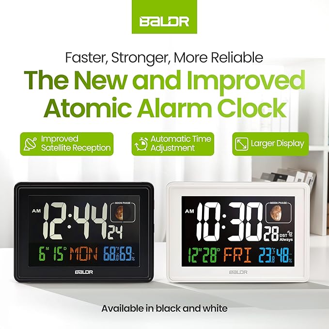 BALDR Atomic Clocks for Bedrooms Digital Large Display - Black - Desk Clock with Temperature Indoor and Humidity, Night Stand Clock, Moon Phase Clock, Alarm Clocks for Living Room, Digital Clock Wall