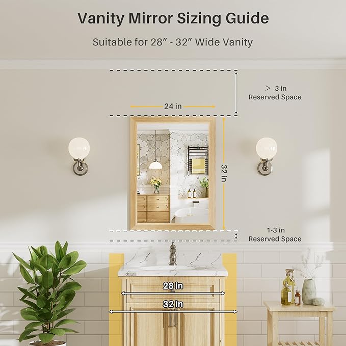 24x32 Inch Bathroom Mirror for Wall, Anti-Rust Oak Wood Grain Metal Framed Bathroom Mirrors for Over Sink,Rectangler Mirrors for Bathroom Vanity, Farmhouse, Bedroom, Living Room, Entryway Decor