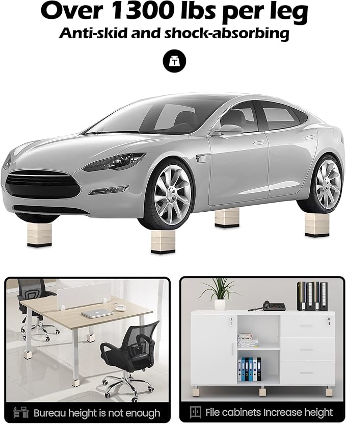 Furniture Risers, Tclouda Bed/Sofa/Desk/Table/Chair Leg/Fridge Lifts to 1.5, 3 and 4 in, Square Adjustable Risers Blocks for Extenders, Heavy Duty Supports Up to 1300 Lbs, 4 in-Apricot-Square