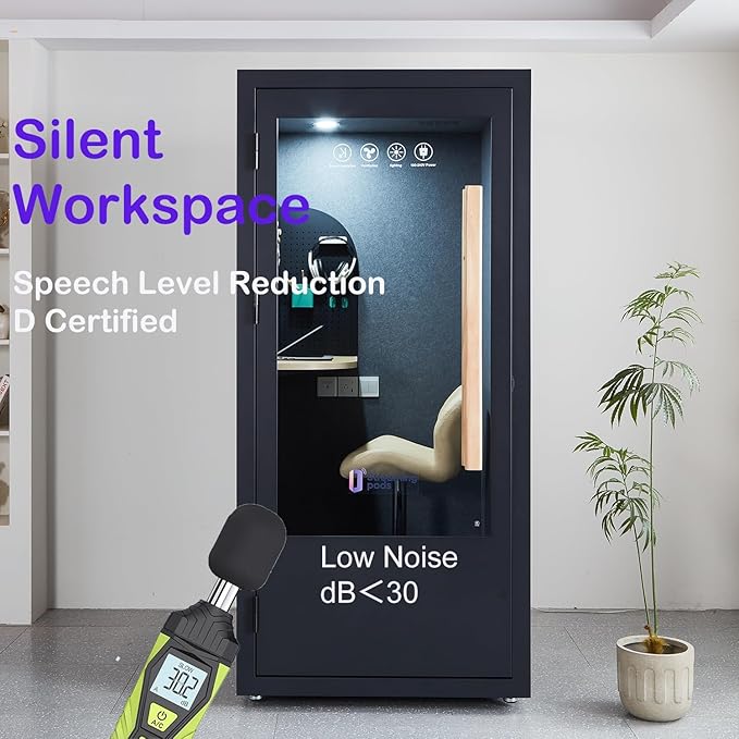 Office Pod, Mobile Office Pod Booth, Solo Soundproof Booth with Acoustic Panels, Sound Pod Silent Ventilation, Wheels and Feet, Privacy pod, Built-in Table, LED Lighting, AC, USB Ports - Black