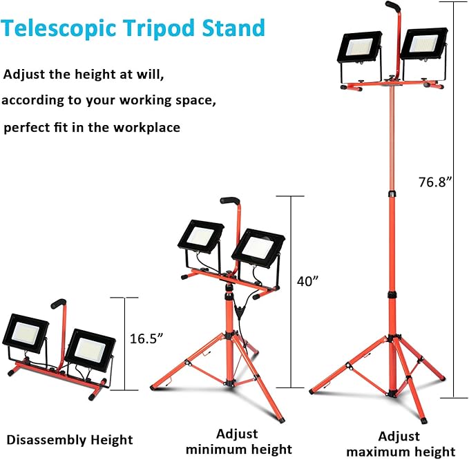 LEDMO 26000 Lumen LED Work Lights on Stand Tripod,200W Bright 2 Adjustable Head Work Floodlights with Individual Switch,IP65 Waterproof Outdoor & Indoor for Job Site Workshop Security Fixture