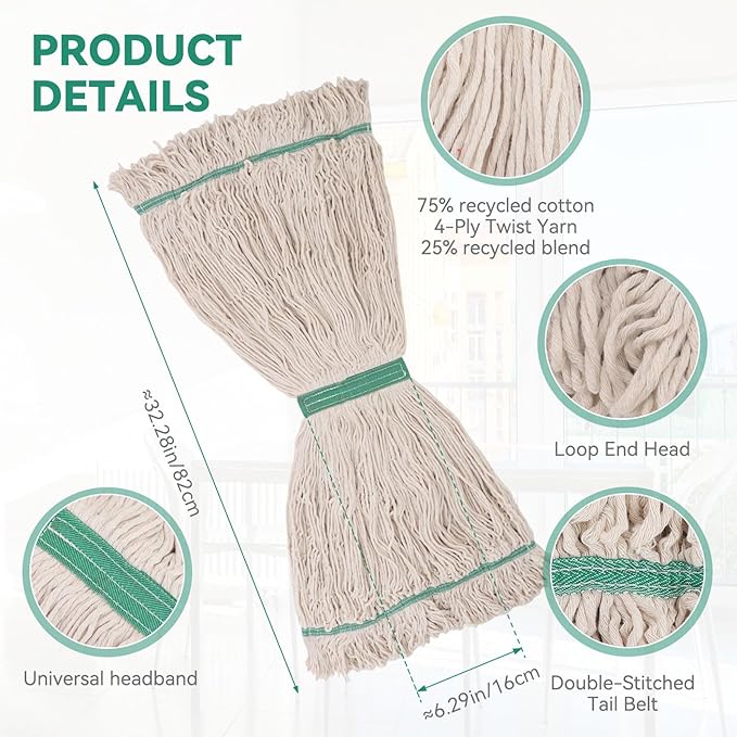 Commercial Heavy Duty Mop Heads Replacement: 6 Packs 20oz Industrial Wet Mop Head for Floor Cleaning - Commercial Products Looped End String Head Refills