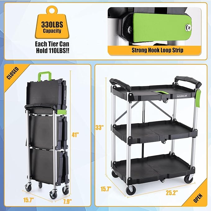 FUTURELAB Portable Folding Service Cart - 3 Tier 330LBS Capacity - Rolling Utility Cart Foldable with Wheels for Warehouse Home Workshops Garages Restaurants Offices (Green)
