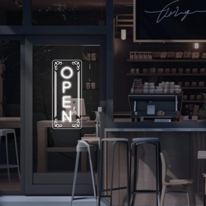 Vertical LED Open Signs for business – Super Bright - UV Printing Pattern, Remote Included - Large Size 20x50'' - Neon Open Sign for Café, Bar, Shop & Business Sign (White)