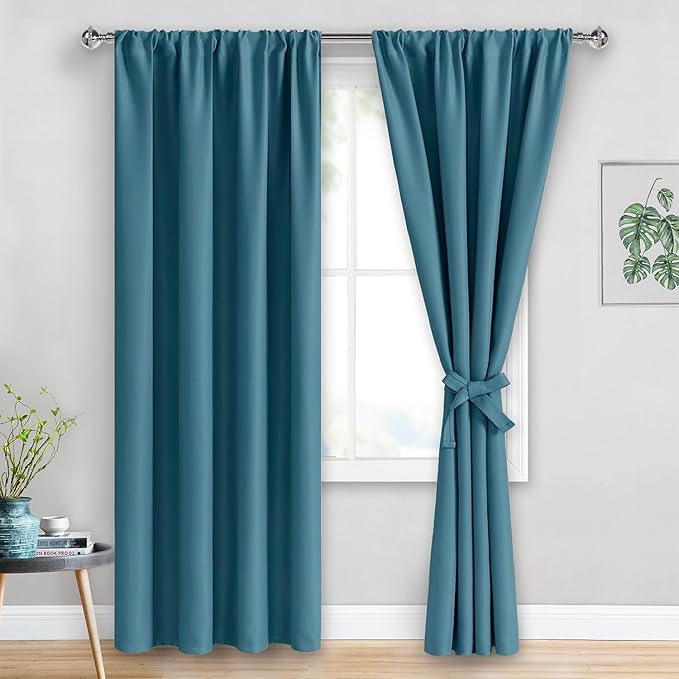JIUZHEN Blackout Curtains for Bedroom - Thermal Insulated Room Darkening Rod Pocket Curtains for Living Room, Set of 2 Panels with Tiebacks, 42 x 84 Inch Length, Stone Blue