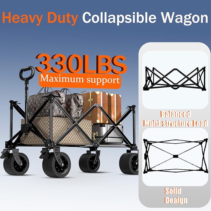 Wagons carts Foldable with Silent All-Terrain Wheels, Collapsible Heavy Duty Beach Wagon with Cup Holders and Brakes, Large Foldable Wagon for Camping,Garden,Shopping,Sports Black