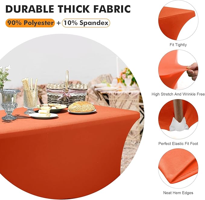 SEPARO 2 Pack 6 Ft Orange Table Cover Fitted Rectangular Tablecloth Stretchable Fabric Table Cloth 6 ft Wrinkle-Free for Party Tradeshows Banquet Weddings Cocktail