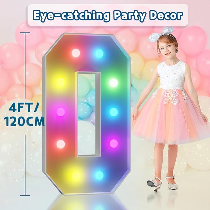 imprsv 4FT Colorful Marquee Numbers,18 Colors with Remote, Light Up Numbers 0 for 40th 50th Birthday Decorations Anniversary Party Decor, Pre-Cut Foam Board Kit, Mosaic Sign for Balloon