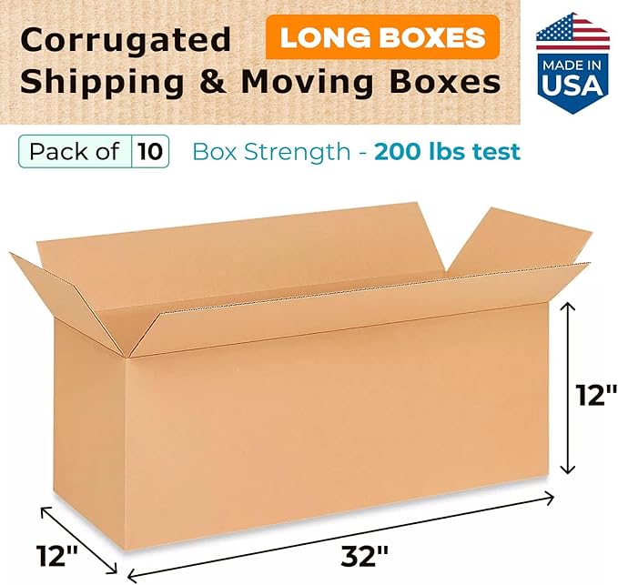 Long Shipping & Moving Boxes 32x12x12 inches (10-Pack) - Extra Strength 200 lb vs Regular - Corrugated Packing Boxes for USPS/UPS/FEDEX - Cardboard Box for Delivery - Long Box by IDL Packaging