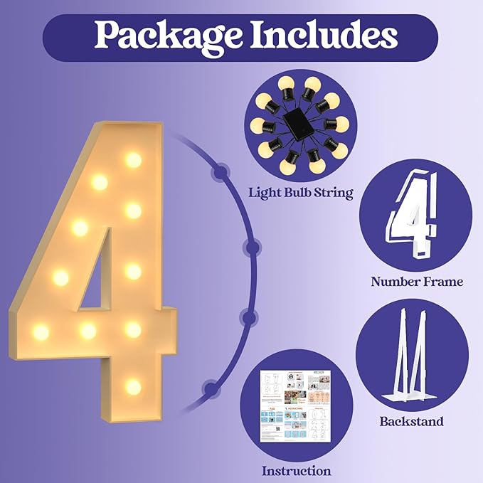 4FT Marquee Light Up Numbers, Large Marquee Numbers for 4th 14th 40th Birthday Decorations, Giant Light Up Numbers for Party Anniversary, Marquee Letters, Pre-Cut DIY Mosaic Numbers for Balloons 4