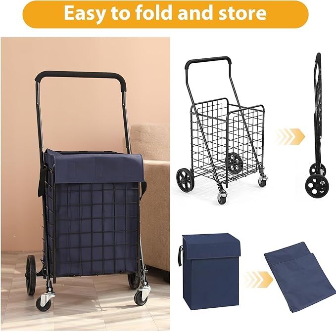 Folding Shopping Cart for Groceries, Grocery Cart with Waterproof Liner and 360° Swiveling Wheels Collapsible Shopping Carts for Condo Laundry Transport Trip