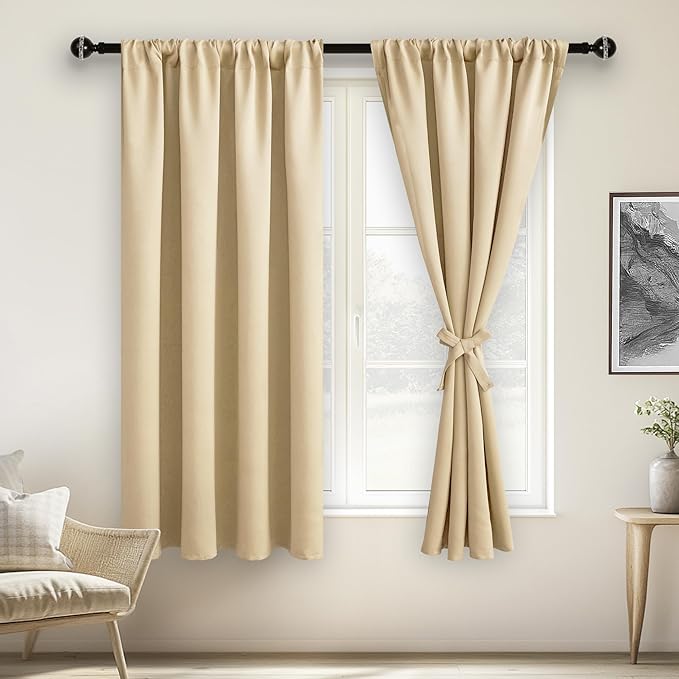JIUZHEN Blackout Curtains for Bedroom– Thermal Insulated,Noise Reducing Room Darkening Privacy Drapes for Living Room, Set of 2 Panels with Tiebacks, 42 x 63 inch Long, Light Beige