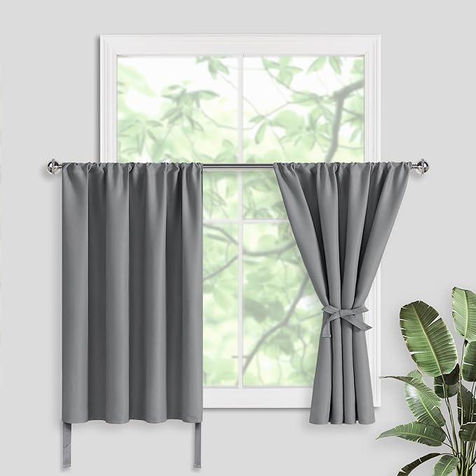 JIUZHEN Short Blackout Curtains for Small Window - Cafe Room Darkening Privacy Thermal Insulated Half Window Curtains Tiers for Bathroom,Kitchen, W 42 x L 36, Set of 2 Panels with Tiebacks, Light Grey