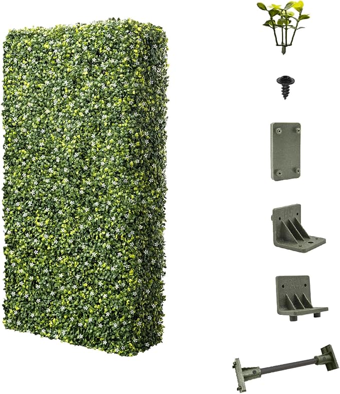 E&K 18" Wx36 Hx12 D Artificial Boxwood Hedge Wall with White Flowers, Artificial Outdoor Privacy Wall for Balcony Backyard Office, Indoor Divider Freestanding Greenery Backdrop
