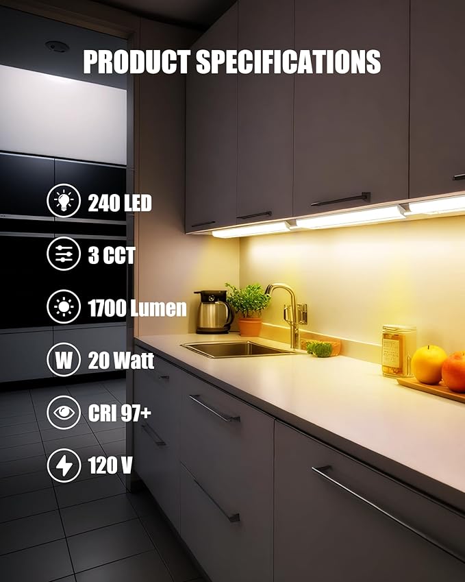 30 Inch Hardwired Under Cabinet Lighting, 3 Color Setting Dimmable LED Under Cabinet Lights Wired, 1700LM Linkable Under Counter Lights for Kitchen, 20W, CRI>97