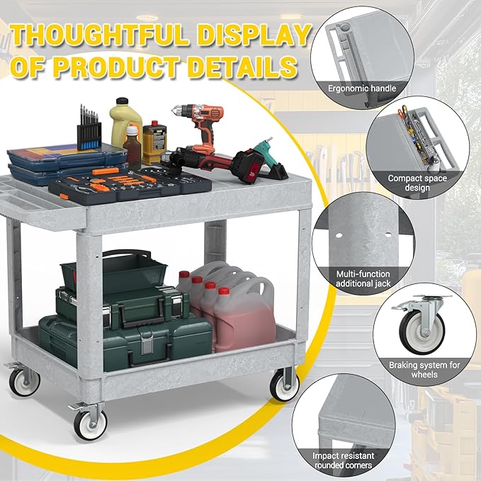 Heavy Duty Plastic Utility Cart with Wheels, Rolling Flatbed Tool Cart on Wheels, Service Cart for Garage, Warehouse, Workshop, Office, Cleaning (Gray-45.7 inch)