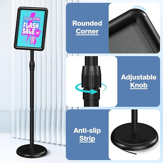 Sign Stand Sign Holder Stand Sign Stands for Display 8.5 x 11 Inches Pedestal Sign Holder 360° Rotation Adjustable Signage Stand for Business Exhibition, Restaurant, Supermarket (Black)