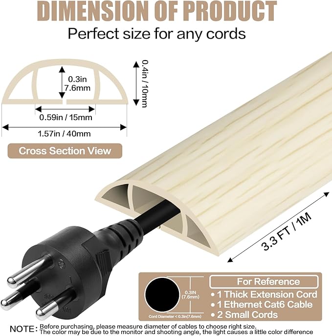 Floor Cord Cover Self Adhesive Cord Hider,3.3FT Cable Management, Extension Strip Protector for Wires, Prevent Cable Trips for Offices, Gyms, Exhibitions Cavity:0.51"(W) x 0.3"(H) Yellow Wood