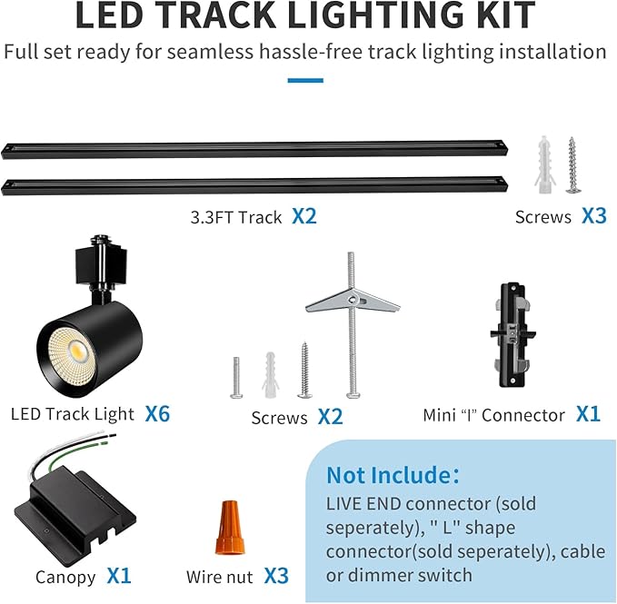 6-Light LED Track Lighting Kit with 6.6FT H Type Track Lighting Rail, Dimmable Track Lights Modern Kitchen Track Lighting Fixtures Ceiling Spot Light 2700K-5000K, CRI90+, 36° Beam 10W 800lm, Black