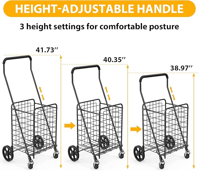Grocery Shopping Cart with 360° Rolling Swivel Wheels Utility Cart Easily Collapsible Cart 66lb Extended Foam Cover, Trolley for Laundry,Groceries,Travel Black (Medium)