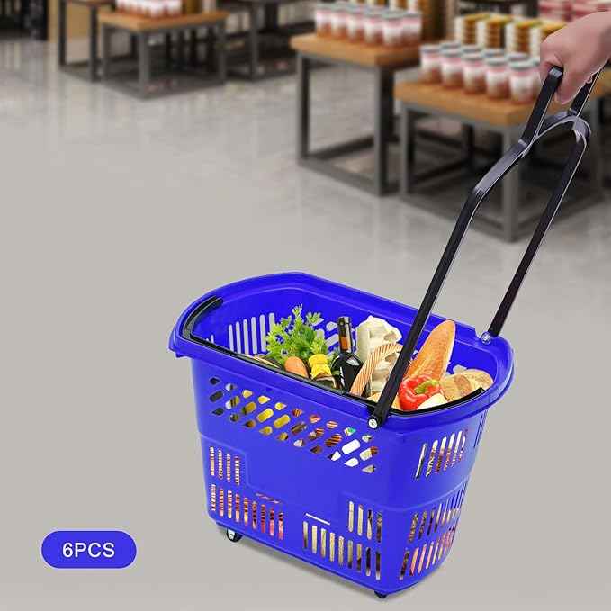 6PCS Shopping Carts,35L Shopping Basket with Wheels and Handle,Portable Plastic Rolling Sho-pping Basket for Retail Store (Blue)