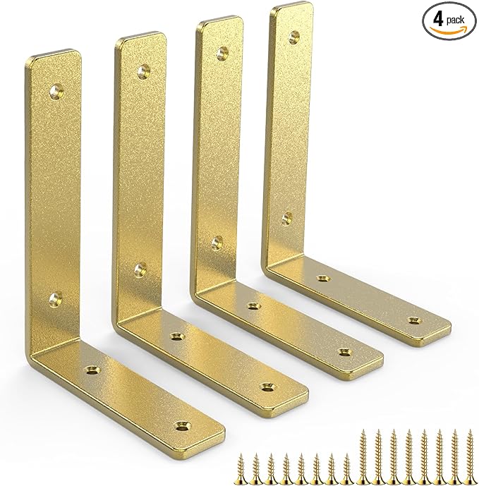 Gold Heavy Duty Shelf Brackets 6 Inch, Rustic Gold Iron L Shelf Bracket, Industrial Modern Metal Floating Shelf with Hardware for DIY Open Shelving, 4 Pack