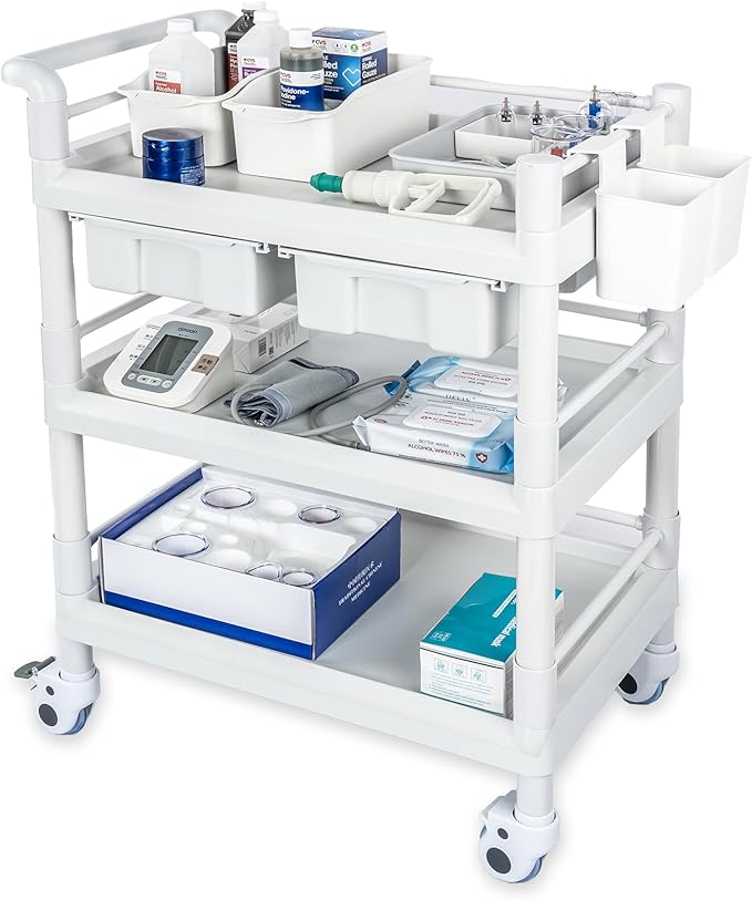 Medical Mobile Trolley Cart 3 Tier 500 Lbs Spacious Beauty Salon Rolling Trolley with Dirt Buckets Drawers 360°Rotate Wheels Heavy Duty Medical Utility Cart for Hospital Dental Clinic