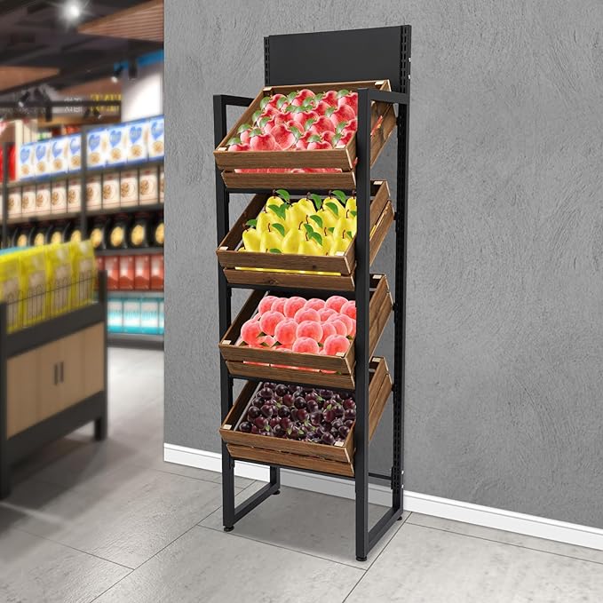 4 Tiers Retail Display Rack, Single Row Wood Market Shelf Commercial Fruit and Vegetable Basket Stand Rack Set Snack Pantry Shelf Unit for Kitchen, Office, Store, Supermarket