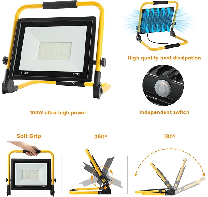 Waterproof Portable Flood Light 100W 10000 LM LED Work Light with 16.4FT Cord, Job Site Lighting for Workshop Garage Construction Site, Aluminum Outdoor/Indoor Work Lamp