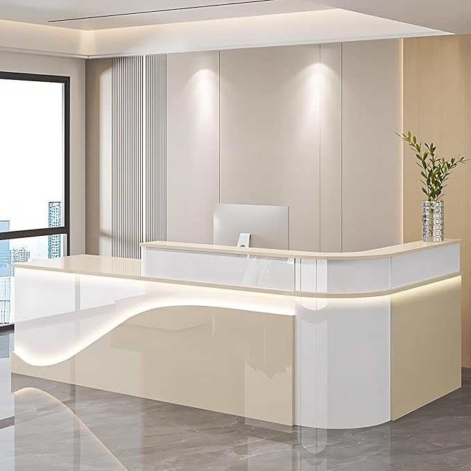 Modern Reception Desk – Front Desk, Reception Counter for Office, Checkout Counter, LED Lighting, Storage, Soft Close Drawers, Custom Logo, Fully Assembled (B,80IN)