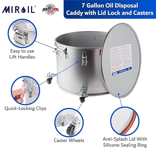 MirOil Filter Pot Combo - Oil Pot & Filter Bag (7 Gallon) – Heavy Duty Steel Disposable Caddy with Castor Wheel and Lid for Commercial Kitchen Storage - Grease Container for Kitchen – Model #60LC