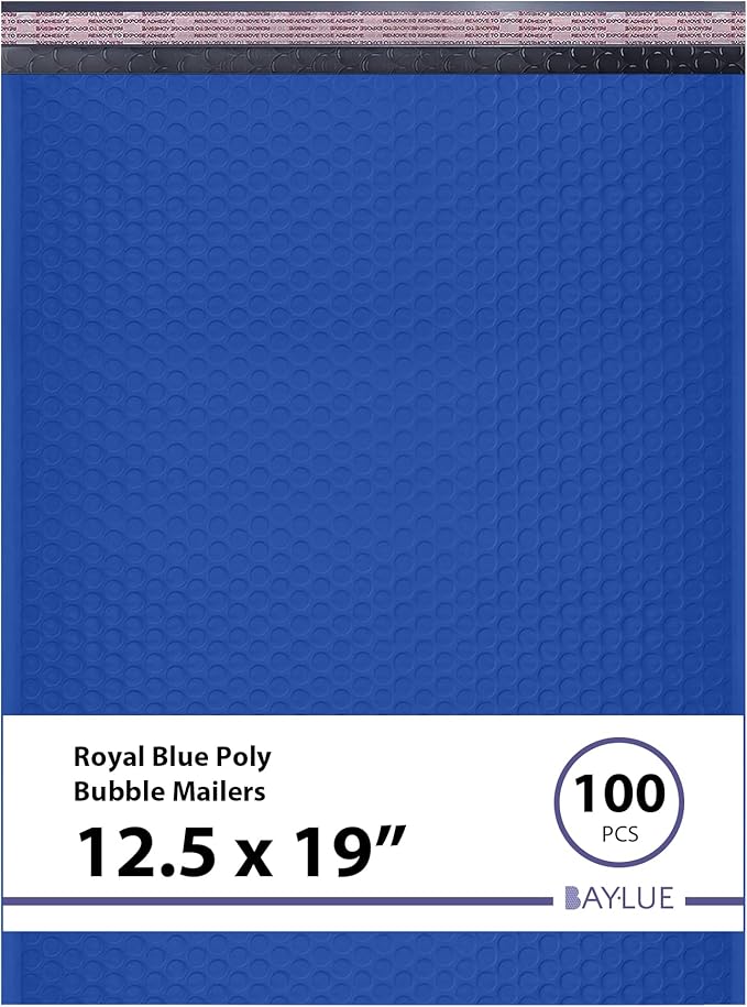 Royal Blue 12.5x19.5 Inch Large Poly Bubble Mailers #6 | Padded Envelopes with Self Seal | Air Lined Cushioned Bubble Mailer | Usable Size 12.5x15 | 100 Pack Bulk | Lightweight shipping Bags