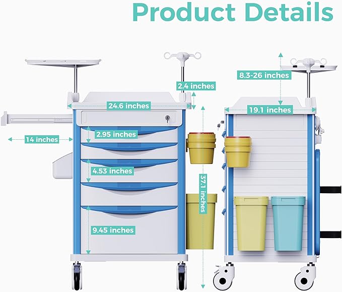 Adjustable Rolling Medical Storage Crash Cart - Includes Silent Casters, IV Pole, Needle Disposal Holder, Trash Bin & O2 Holder - Ideal Nursing Trolley for Clinics, Hospitals