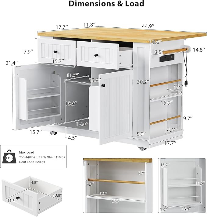 Rolling Kitchen Island with Drop Leaf & Power Outlet, Large Kitchen Islands Cart on Wheels, Movable Kitchen Island with 5 Open Storage Shelves & Towel Rack for Kitchen, Dining Room, 48-Inch, White