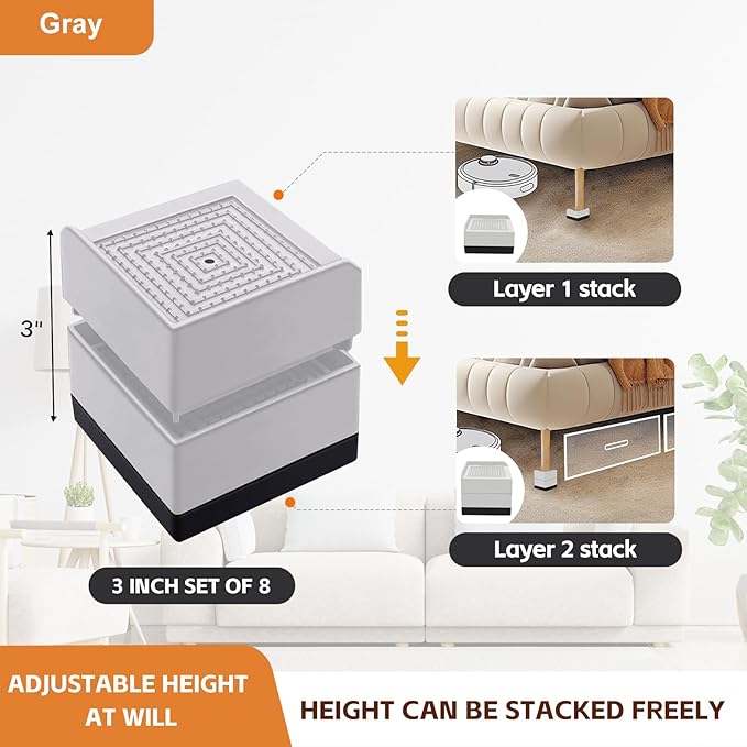 Bed Risers, Furniture Raise Blocks, 3 inch Stilts Heavy Duty for Bed Couch Desk Sofa Table Lifts, Furniture Legs Lifters Support up to 1300 Lbs (Light Grey, 8 Pack Set)